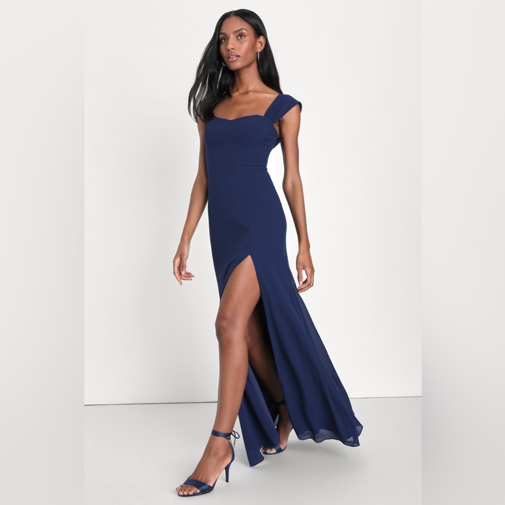 Lulus Magical Magnetism Off the Shoulder Maxi Dress XS Navy Chiffon Slit Formal